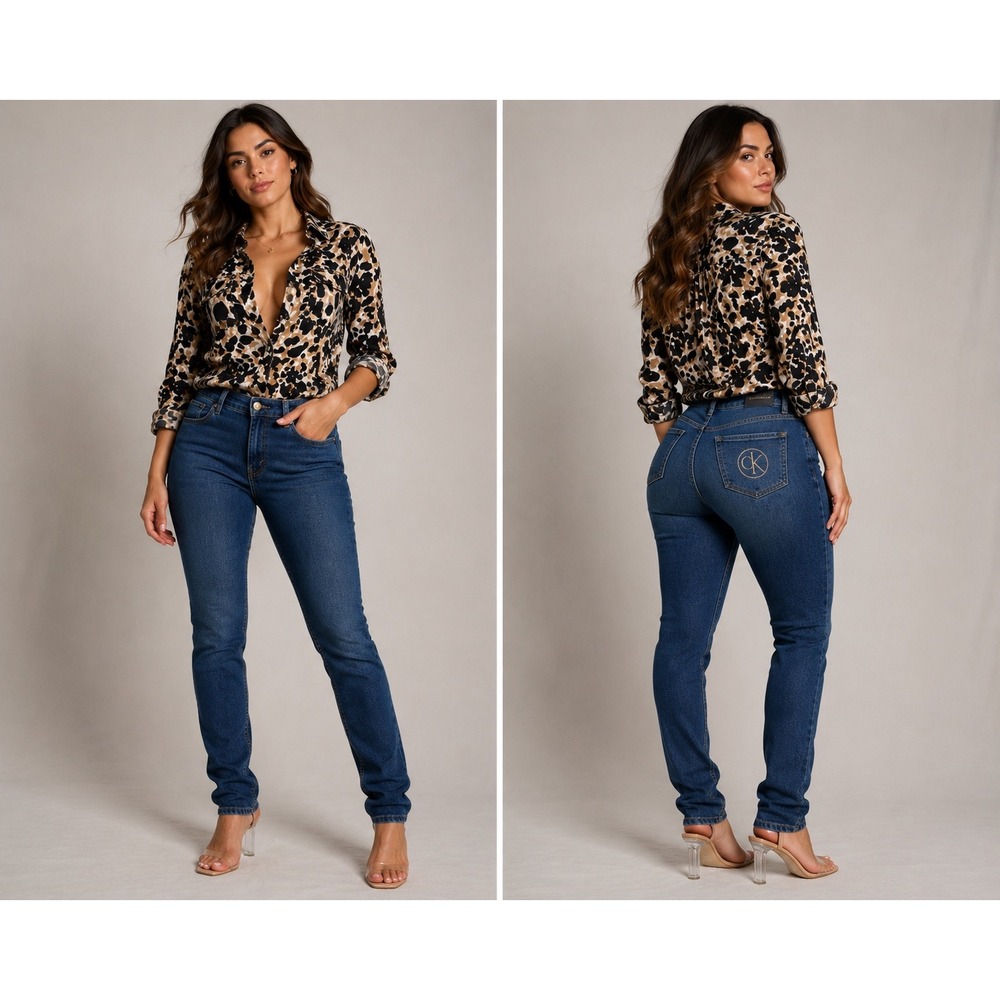 Calvin Klein Leopard Print Button Down Blouse Tan Black Long Sleeve Large